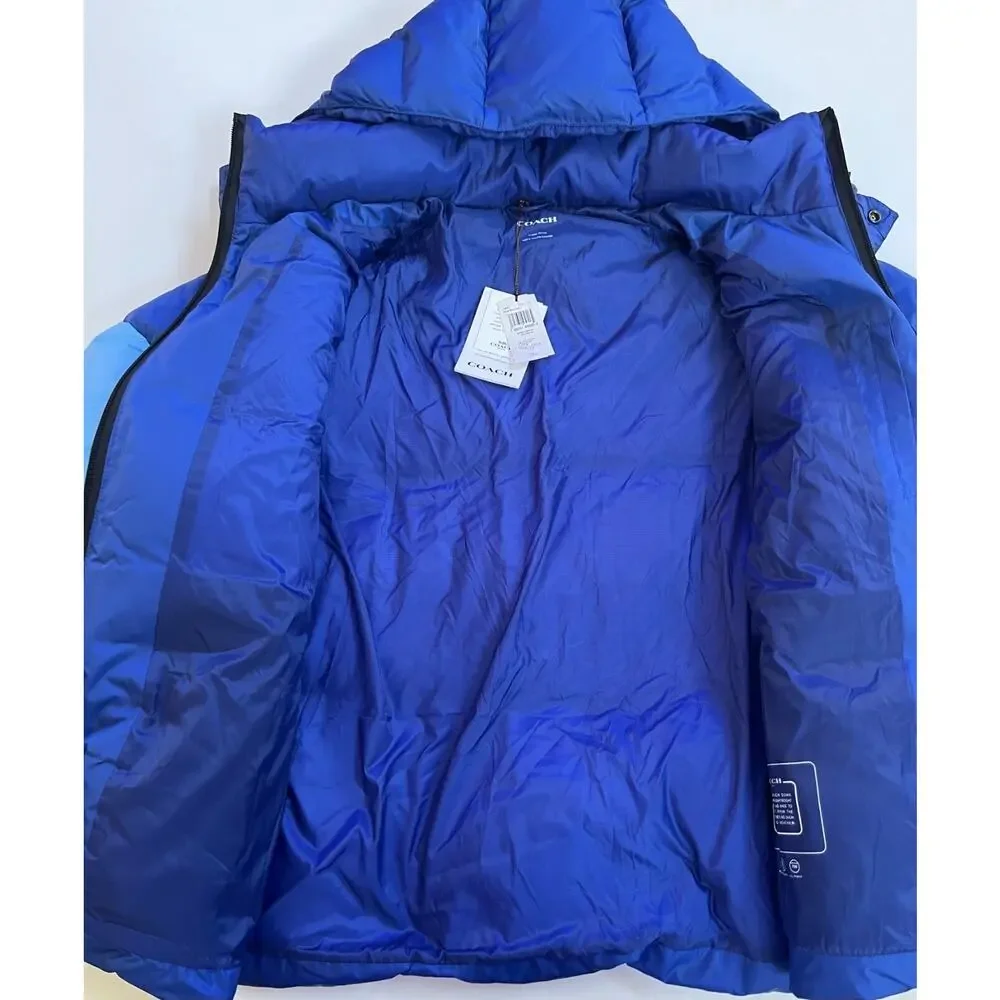 Coach CB661 Colorblock Down Puffer Jacket Royal Blue Multi XL $650